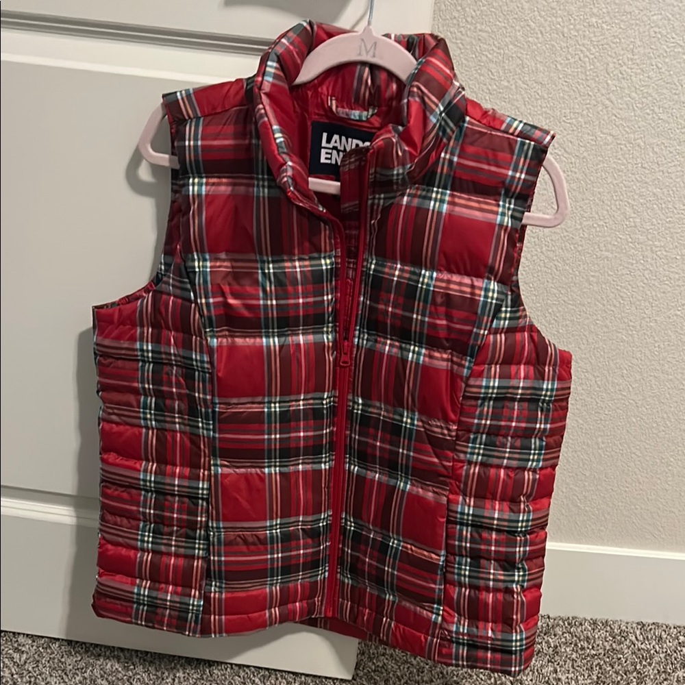 Lands' End Red Plaid Puffer Vest